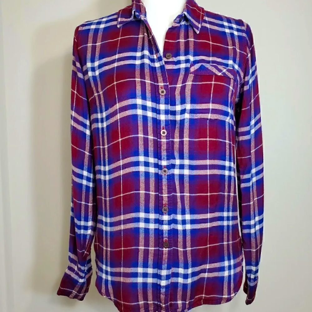 Lucky Brand- Red & Blue Plaid Button Down Flannel Blouse Tunic Top Women’s, Sz M